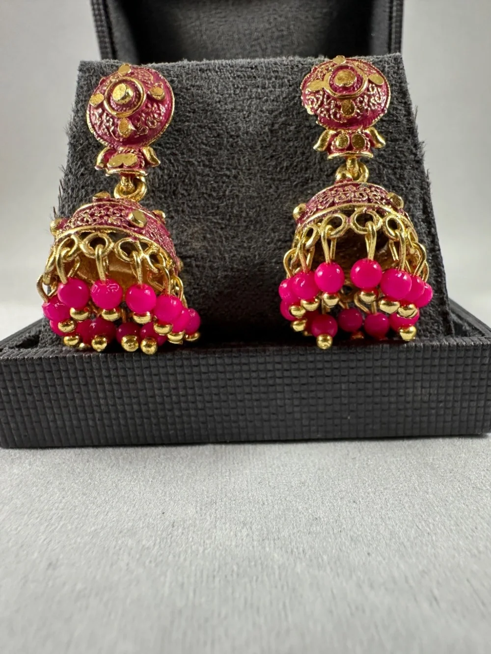 Pink Meenakari Jhumka Earrings with Bead Dangles | Gold Tone Indian Jewelry